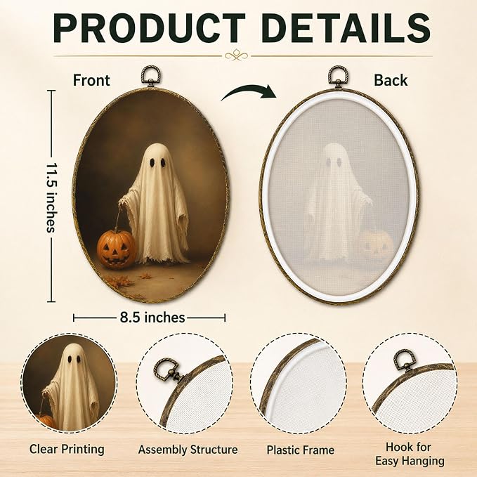 Ghost Pumpkin Oval Wall Art, Framed Canvas Decor, 8.5x11.5 Inch | Classic white ghost with jack o lantern pumpkin, rustic vintage Halloween decor