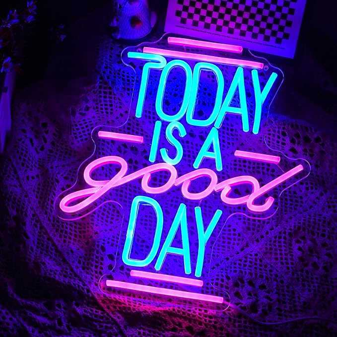 Today Is A Good Day Neon Sign Coffee Cup Milk Neon Light for Wall Decor Dimmable USB Powered 12.4 * 14.2 Inch Led Letter Neon Light Glass Sign for Coffee Shop Wedding Bedroom Party (Blue Pink)