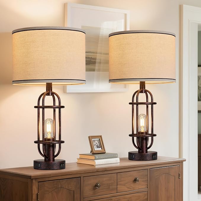 Reaketon 22.3" Table Lamps for Living Room Set of 2, Farmhouse Lamps for Nightstand, Vintage Table Lamps for Bedroom with USB Ports, Bulbs Included