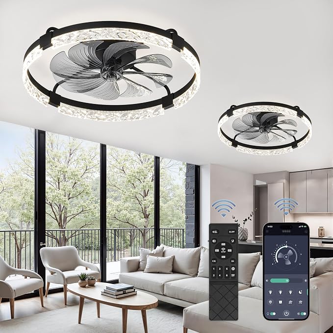 LEDIARY 2 Pack 24" Ceiling Fans with Lights and Remote, Fandelier Black | 3CCT, 6 Speeds, Dimmable Low Profile, Flush Mount Ceiling Fan, Timer, Reversible, Memory, Bedroom, Living Room, Kitchen