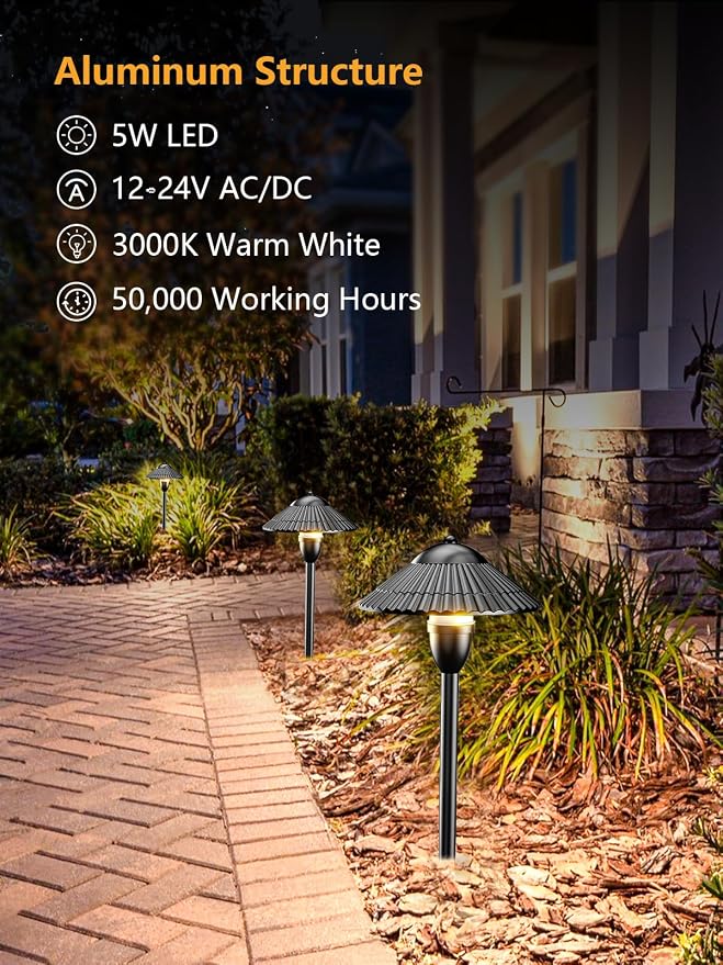 ZUCKEO Low Voltage Landscape Lighting LED Pathway Lights, 5W Landscape Path Lights 3000K Warm White 12-24V, Outdoor IP66 Ground Light for Garden, Walkway, Yard (12-Pack with Connector)