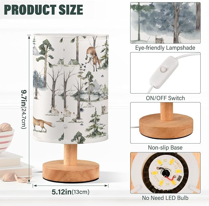 Table Lamp Watercolor Woodland Animal Pattern Fox Rabbit Hedgehog Bird Nightstand Lamp with Wood Base Fabric Lamp Shade Bedside Desk Lamp for Living Room Bedroom Kids Room Office