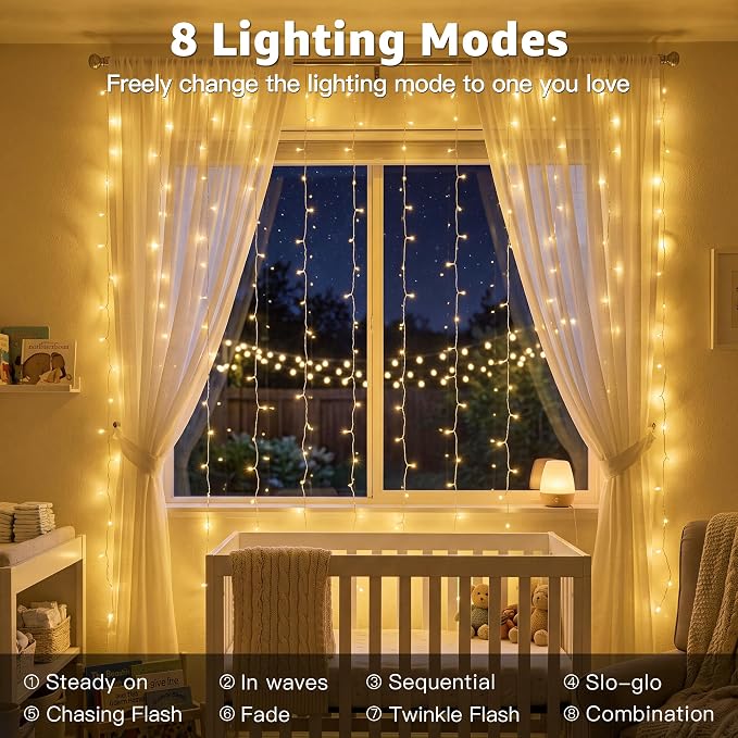 Ollny Curtain Lights 6.6x6.6ft, Plug in String Lights for Indoor Bedroom, 200 LED Connectable Fairy Light with Remote Timer 8 Modes, Waterproof Christmas Light for Outdoor Wedding, Warm White