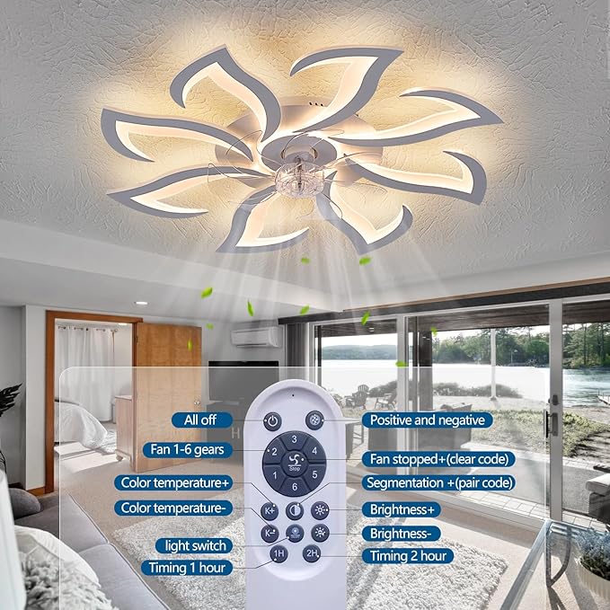 Modern Ceiling Fan with Lights Remote Control, 32" White Flush Mount Ceiling Fan with Light, 6 Speeds 3 Light Color Low Profile Ceiling Fan for Kitchen Bedroom