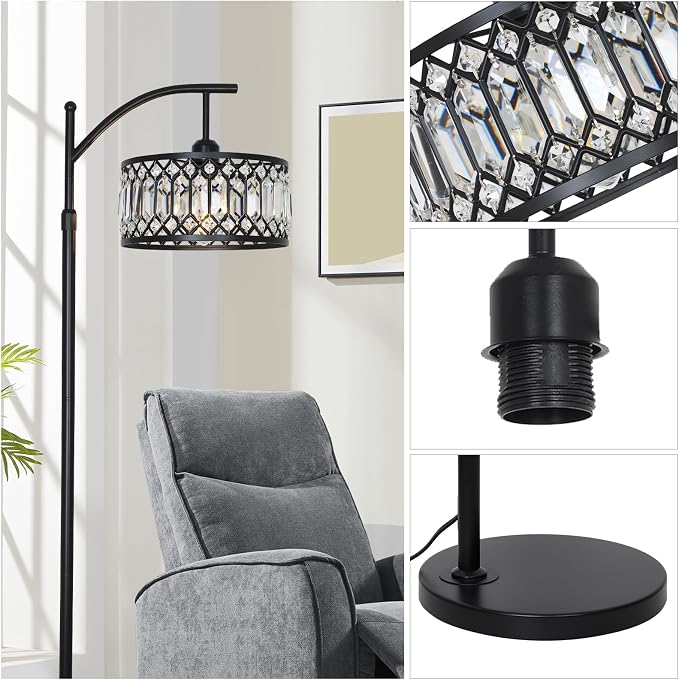 Crystal Floor Lamps for Living Room, Modern Arc Floor Lamp, Black Standing Lamp with Edison Bulb, Height Adjustable Tall Lamp for Bedroom, Corner Stand Up Lamp for Office, Arched Reading Light