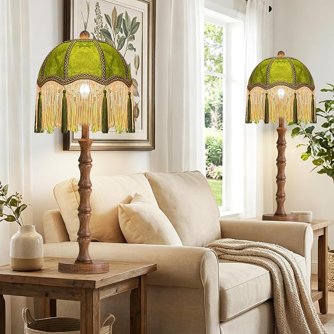 ILLMTW Vintage Table Lamp Set of 2,Flower Small Bedside Lamps Dimmable Bedroom Lamp with Fringe Green Shade,Boho Mid Century Retro Unique Tassel Nightstand Lamp for Bedroom Living Room Tiffany Decor