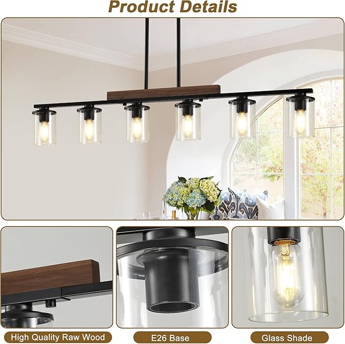 47.2" Farmhouse Dining Room Fixture Over Table, Black Chandelier | 6-Light, Modern Rustic Wood Frame, Adjustable Height, Clear Glass Shade, Ceiling Pendant Lighting for Kitchen Island
