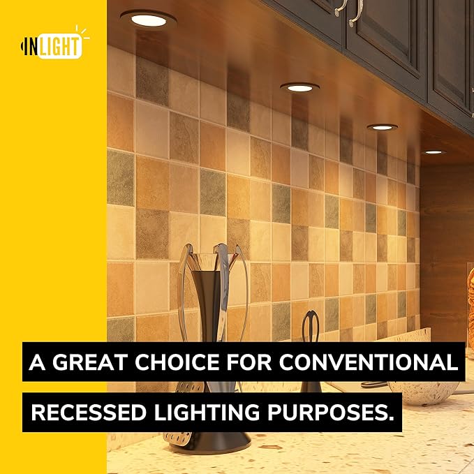 Getinlight 2.75" Under Cabinet LED Puck Lights Kit, Plug-in 12V Set with in-Line Dimmer, 3000K Warm White, Recessed or Surface Mount, ETL Listed, 6-Pack, IN-0102-6-BZ