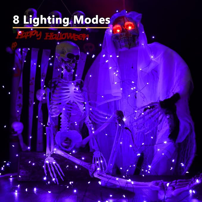 Brizled Solar Halloween Purple Fairy Lights, Outdoor Halloween String Light | 2 Pack Total 78FT 240 LED; 8 Modes; Waterproof Mni Twinkle Lights Black Wire for Outside Party Tree Fence Garden Decorations