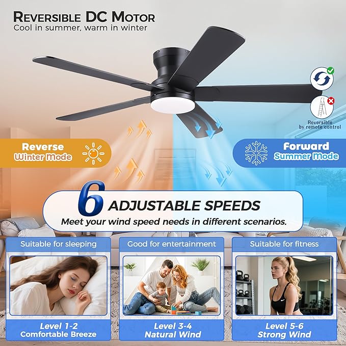 52" Black Ceiling Fans with Lights and Remote - Flush Mount Fan Light with 5 Reversible Blades, 3CCT Dimmable, DC, Low Profile Ceiling Fan for Modern Indoor, Covered Outdoor