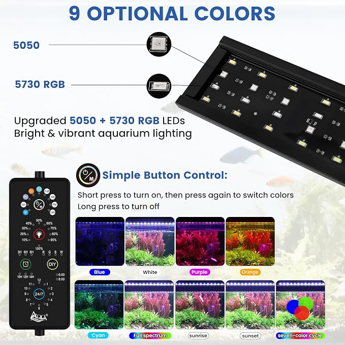 AQQA Full Spectrum Aquarium Plant Light LED Fish Tank Light IP68 Waterproof with 24/7 Natural Mode & DIY RGBW Mode, 9 Colors & 10-Level Brightness Adjustable, 6 Timer Settings for 12"-18" Tank (12W)