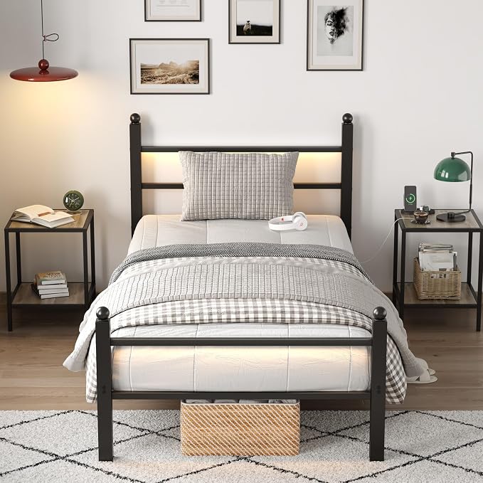 CollaredEagle Twin Bed Frame with LED Lights and Charging Station, Black | Twin Size/ Metal Frame/ Built-in Charging Station/ RGB LED Lights/ Noise-Free/ 10.8 inch Under-Bed Storage