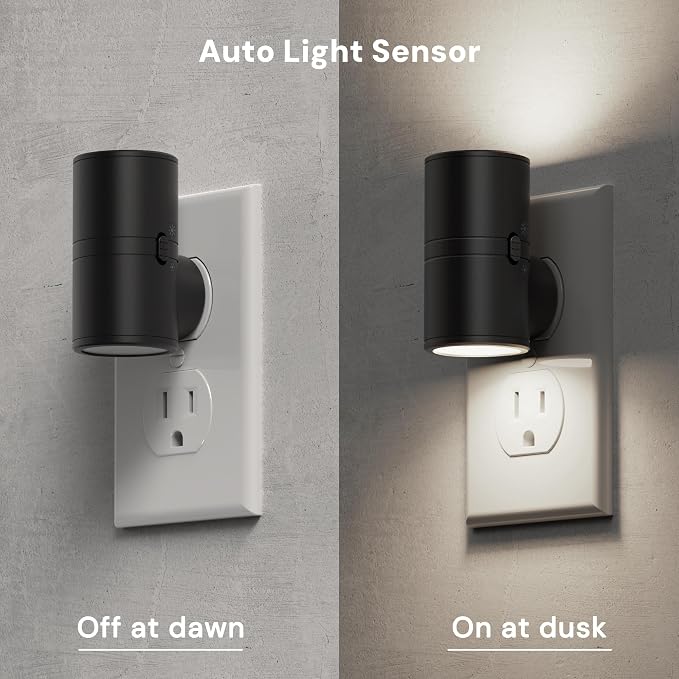 L LOHAS LED Bright Night Lights Plug into Wall,Daylight White,Rotating,Mini | Dimmable Nightlight Plug in, Light Sensor Night Light, LED Nightlights, Hallway Bedroom Bathroom Kitchen,[Black Shade,4 Pack]