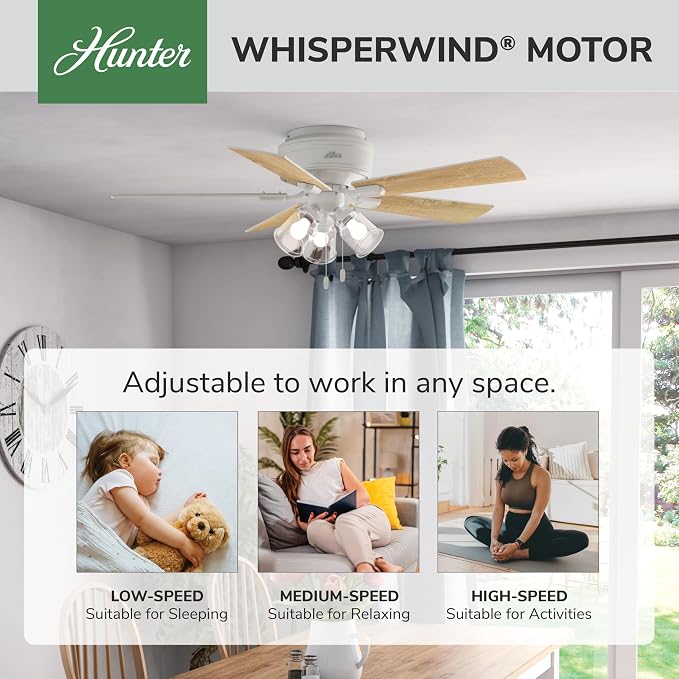 Hunter 52 inch Indoor Ceiling Fan with LED Lights and Pull Chain - Low Profile Flush Mount White Ceiling Fan, 5 Blades, For Bedroom, Living Room, or Kitchen, Quiet - Crestfield 54207, Fresh White | with LED Lights and Pull Chain, Low Profile Flush Moun...