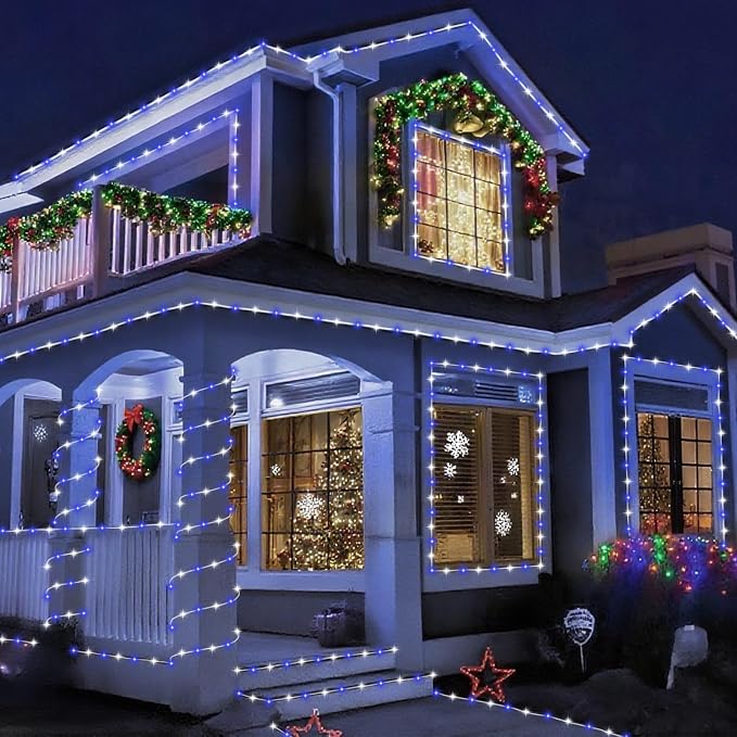 YEGUO Solar Christmas Lights Outdoor Waterproof, 2 Packs Each 33ft 100 LED Rope Lights, 8 Modes Fairy String Lights in Clear Thin Tube for Camping Fence Patio Garden Trampoline Deck(Blue and White)