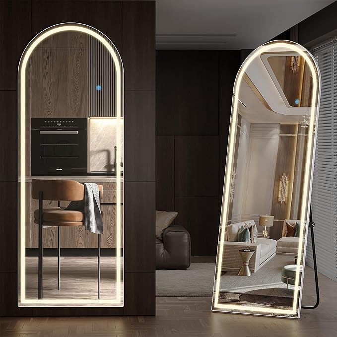 60x16 Inches Arched LED Mirror Full Length, Floor Body Mirror with Stand | Adjustable 3 Color LED Lights for Makeup & Outfit Checks, Aluminum Frame Mirrors for Room Decor, Bedroom Accessories