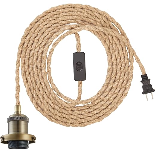 15.4ft Pendant Light Cord Kit, Industrial Vintage Plug in E26 Socket Hanging Light with Switch, Hemp Rope Hanging Light Fixture for Pendant Lamp Farmhouse Lamp Cable DIY