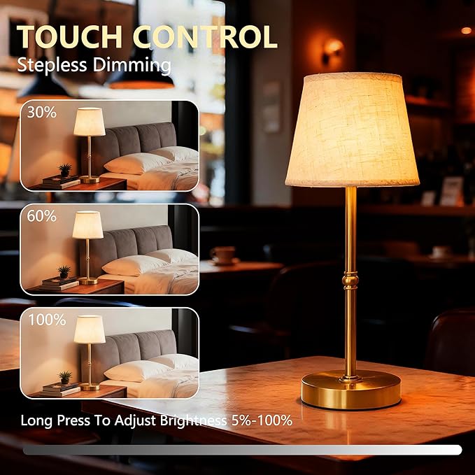 2-Pack Cordless LED Table Lamp, 6000mAh Rechargeable Battery Operated Desk Lamp, 3-Level Dimming Metal Portable Nightlight for Restaurant, Bedroom, Bar, Patio, Gold