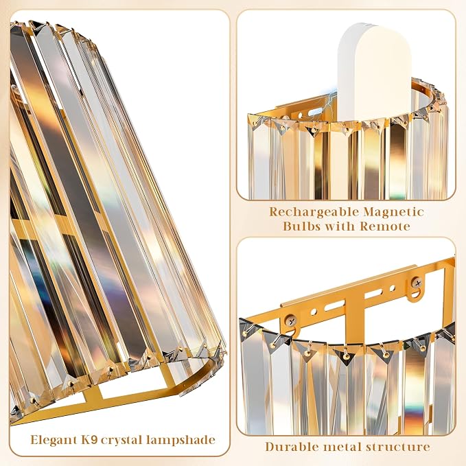 Gold Battery Operated Wall Sconces Set of Two, Crystal Wireless Wall Lights with Remote, Rechargeable Cordless Wall Lamps 12 RGB and 3 CCT Dimmable Decor for Bedroom Living Room Hallway