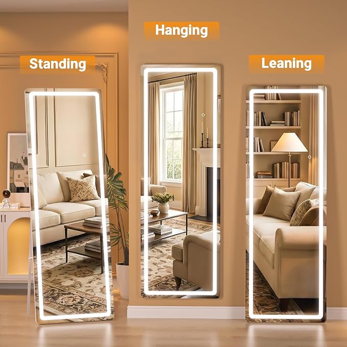 Full Length Mirror with Lights, 56" x 15.8" LED Lighted Floor Standing Body Mirror, Dimmable & 3 Color Lighting Cloakroom, Dressing Room, Tempered Glass, Rounded Corner White