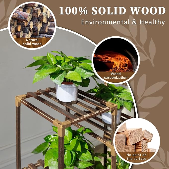 Plant Stand Indoor Outdoor, Tall Plant Shelf for Multiple Plants, 10 tiers 11 Pot Large Plants Holder Rack Wood Plant Shelves for Room Corner Balcony Garden Patio