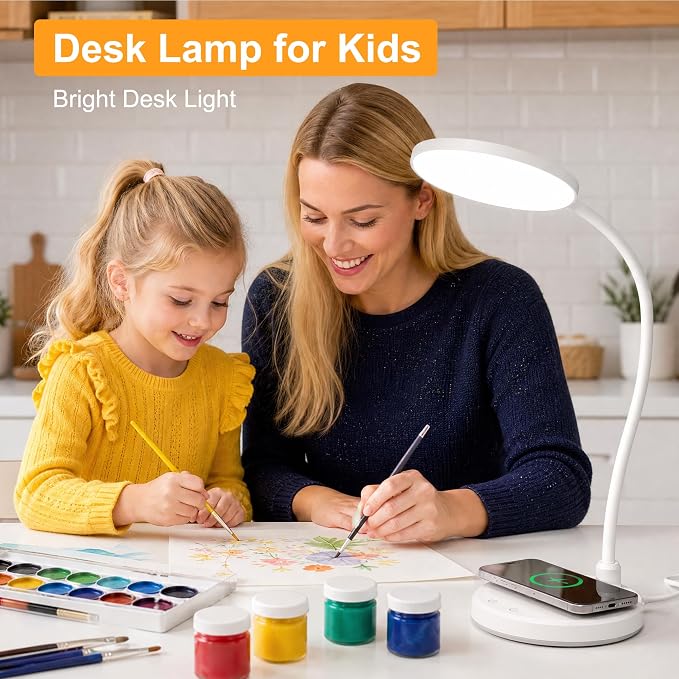 Desk Lamps for Home Office, Wireless Charger 800LM CRI95+ Desk Light, White | Eye-Caring Study Lamp with 3 Color Modes, Dimmable 0-100%, Flexible Neck for Bedside, College Dorm, Adapter Included