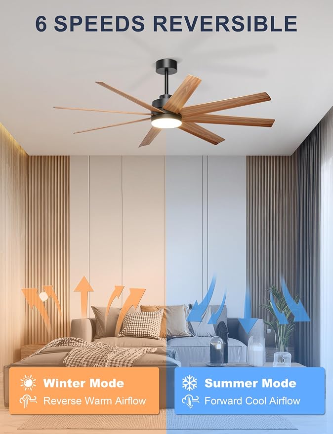Ohniyou 60" Modern Farmhouse Ceiling Fan with Light for Patio, Living Room | Remote/App Control, Quiet DC Motor, 3CCT Dimming, Covered Outdoor Fan with 8 ABS Blades, Black and Wood Color