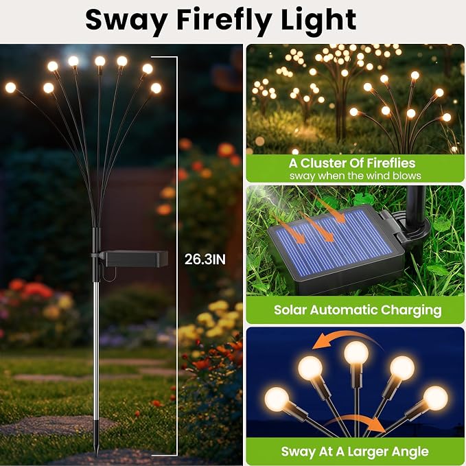 Solar Lights Outdoor(6 Pack,48 LEDs),Solar Lights Outdoor Waterproof for Garden Decor,4 Modes Firefly Light for Outdoor Decor,Big Bulb High Lumens Patio Decor,Sway by Wind,Gardening Gifts for Women