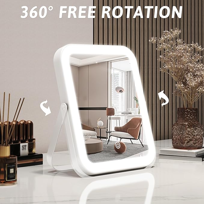 ROLOVE 8x10 Inch Lighted Vanity Mirror, 3-Color Dimmable LED Lighting & Touch Control, Portable Makeup Mirror with U-Bracket for Travel/Dressing Room (White)