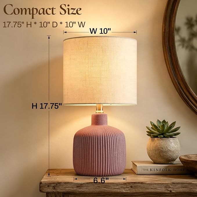 Ceramic Table Lamp, 17.75" Rustic Farmhouse Bedside Lamp with Beige Linen Shade, Warm Ambient Nightstand Lighting for Bedroom or Living Room, Painted Terra