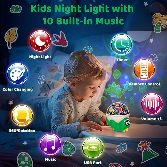 Dinosaur Night Light Projector for Kid Room | Dinosaur Toys for Kids 3-5 | Baby Light Projector with Music Timer and Remote Control Birthday Gifts for Boys