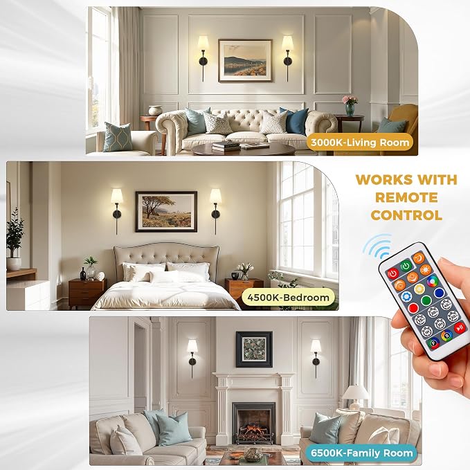 Battery Operated Wall Sconce: Set of 2 Wireless Wall Light 12000mAh | 15 Color Rechargeable Wall Sconces, Sconce Wall Decor Set of 2 for Bedroom, Living Room, Black, 24.6in