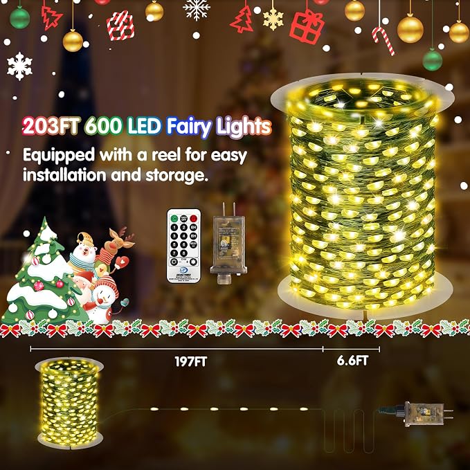 KNONEW 203FT 600LED Green Wire Outdoor Fairy Lights Plug in Warm White Xmas | Timer,Memory,Dimmable,Remote,Waterproof,Green Wire,Invisible in Greenery,for Garden,Wedding,Party, Indoor/Outdoor, Christmas