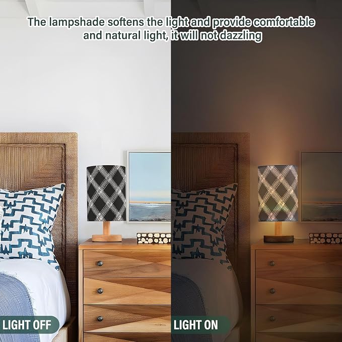 Fustylead Black and White Plaid Check Bedside Table Lamps with USB Port for Bedroom Lamp Table Lamp Small Nightstand Lamp Sturdy Linen Shade Wooden Decorative Lamps for Home Dorm Office Living Room
