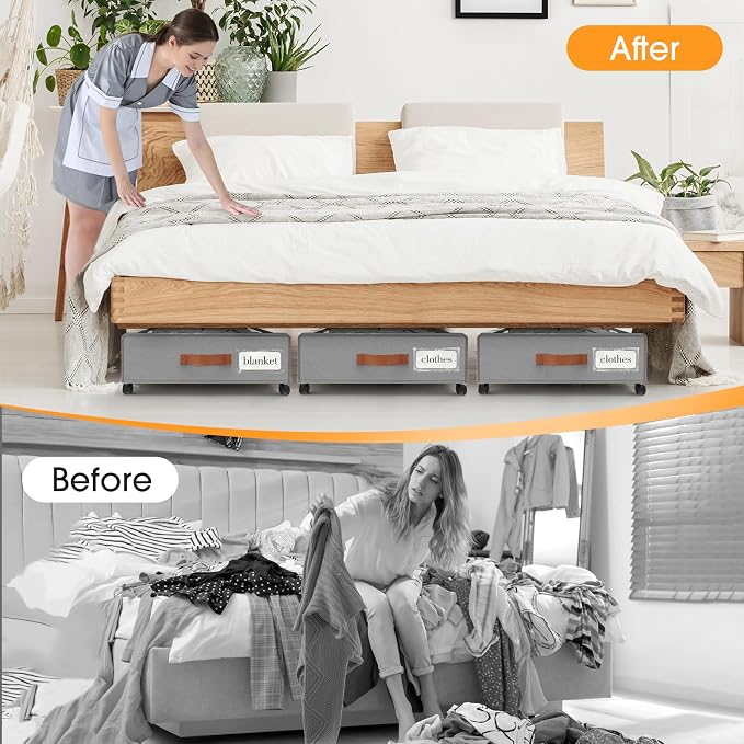 Under Bed Storage with Wheels 3Pack Storage Containers with Clear Window | Under Bed Drawers Rolling Under Bed Storage for Clothes,Shoes, Blankets (30.71 x 16.93 x 6.69 in, Light Grey)