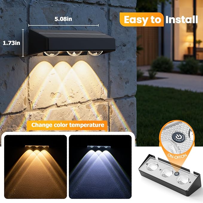 Solar Fence Lights,8 Pack Solars Deck Light,RGB Color,Outdoor Bulb Waterproof Led IP65,Power Patio Lamp with Lenses for Outside/Backyard/Railing/Yard(Black)