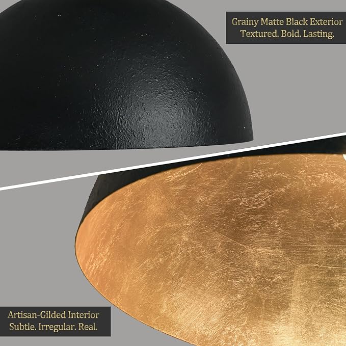 Black and Gold Dome Pendant Light, 20 Inch Large Dome Chandelier Industrial Fixture with Gold Leaf Interior for Dining Room, Kitchen Island, Bar or loft.