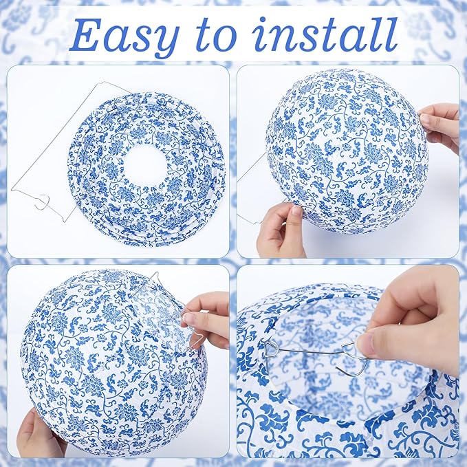 Riakrum 18 Pcs Chinoiserie Paper Lantern Set 10" 8" Blue and White Porcelain Print Round Lantern Chinese Japanese Hanging Decoration for Ceiling Wedding Birthday Party Home Decor