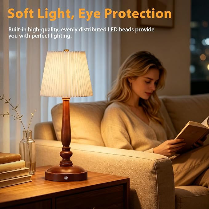 15.5'' Wireless Table Lamp, 5400mAh Rechargeable Small Bedside Lamp, White | Wood Base, Fabric Lampshade, Built-in LED, 3 CCT, Stepless Dimming, Memory Function, Nightstand Lamp for Bedroom, Living Room