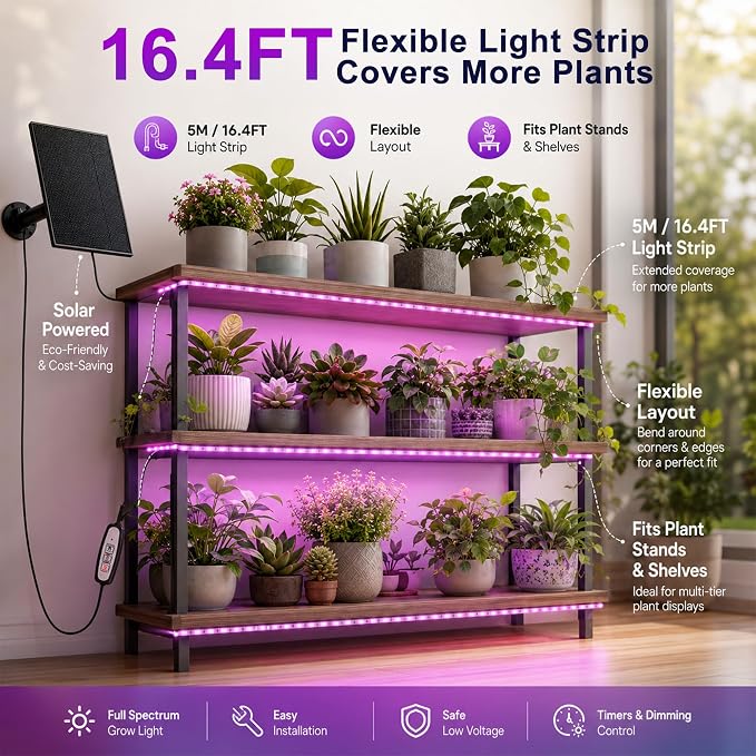 16.4FT Solar Grow Light Strip for Indoor Outdoor Plants | with Full Spectrum LED Waterproof Plant Growing Lights & 16.4FT Power Cord, Solar Panel, 2/4/8H Timer, for All Growth Stages