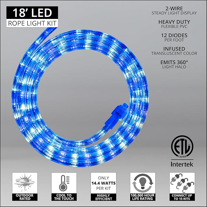 Wintergreen Lighting 18' Blue and Cool White LED Rope Light, Christmas Rope Lighting Outdoor Rope Lights LED Flexible Light Rope-120V, ½ Inch, 2-Wire