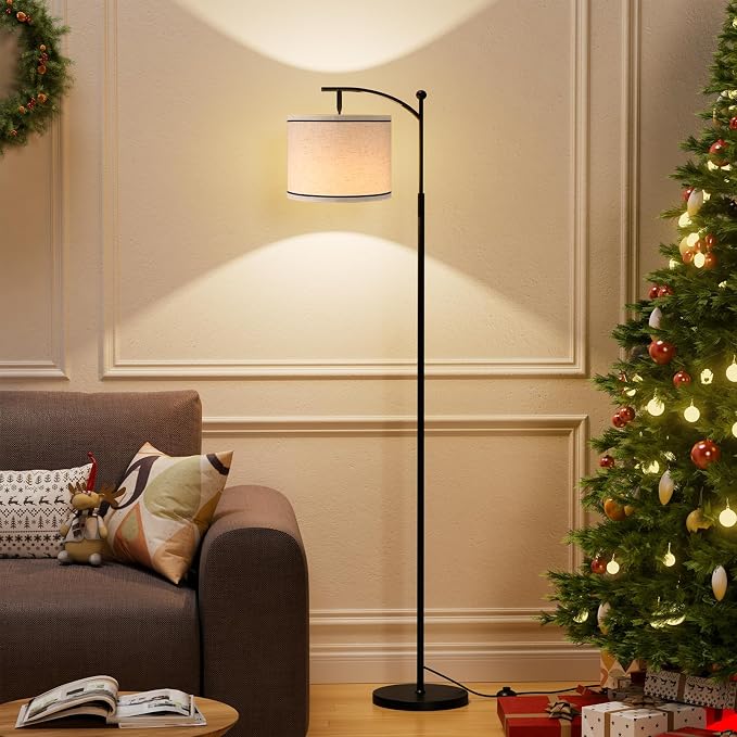 60" Floor Lamp for Living Room with 3 Color Temperatures, Beige Lampshade with Black Stripes, Tall Lamp for Bedroom Office, 9W Bulb Included
