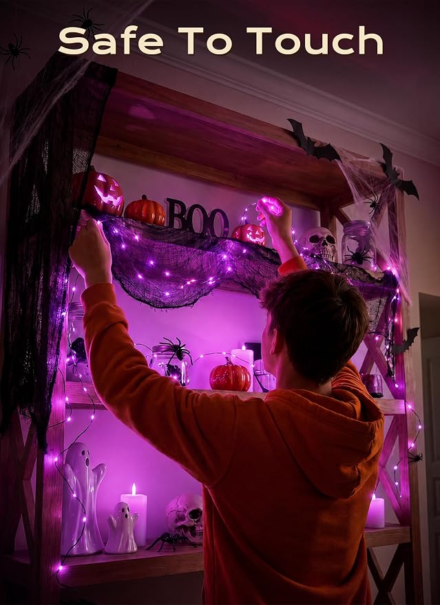 Halloween Fairy Lights Plug in, 33Ft 100LEDs Purple Fairy Lights, Waterproof Flexible Black Wire String Lights for Bedroom Home Party Ghost Haunted House Indoor Outdoor Halloween Decorations, Purple