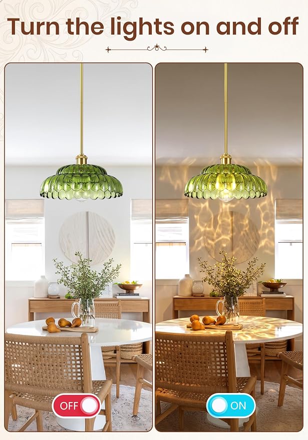 Gold Pendant Light with Glass Shade, Vintage Floral Glass Pendant Lamp for Kitchen Island, Adjustable Hanging Rods Sloped Ceiling Compatible, Living Room Bedroom Hotel-Green