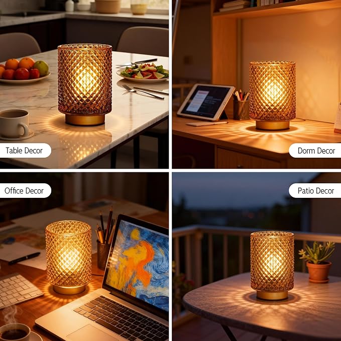 ULAROOM Battery Operated Decorative Lamp,1pack Amber | Cordless Glass Accent Lamp,6h off 18h on,Small Luxury Warm White Lamp for Bedside,Bookshelf,Entryway,Tabletop,Counter