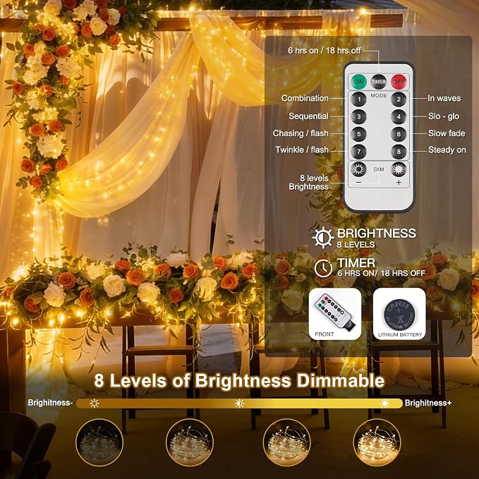 Flexible Copper String Lights, Fairy Lights Warm White, 2Pack Total 132ft 400 LED Battery Operated/USB Twinkle Lights for Bedroom, Dorm Decor