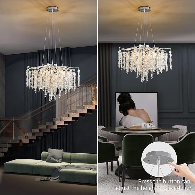 Tree Branch Chandelier Silver D23.7 Modern Round Raindrop Crystal Chandelier Ceiling Pendant Light Fixtures for Dining Room, Kitchen Island, Bedroom, Living Room