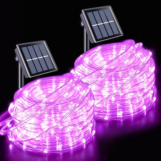 JMEXSUSS 2 Pack 100LED Pink Solar Rope Lights Outdoor Waterproof | 33ft, 8 Modes, Outdoor Waterproof, Pink Christmas Lights for Valentine's Day Home Christmas Tree Decoration