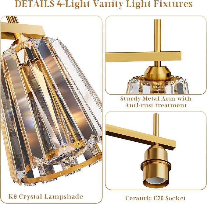 Crystal Bathroom Light Fixtures Over Mirror, Gold 4-Light Bathroom Vanity Lights Over Mirror Modern Wall Lighting Sconces with Ceramic E26 Base (Bulbs Not Include)