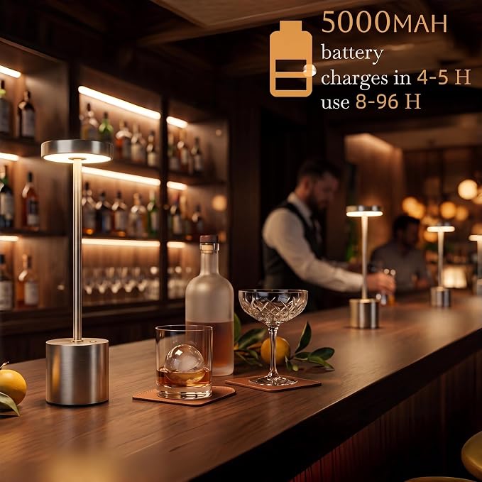 Silver Cordless Table Lamp 2Pack Rechargeable Portable Table Light | 5000mAH Battery 3 Color Stepless Dimming Waterproof LED Wireless Lamp for Dining Kitchen, Outdoor Patio, Touch Control